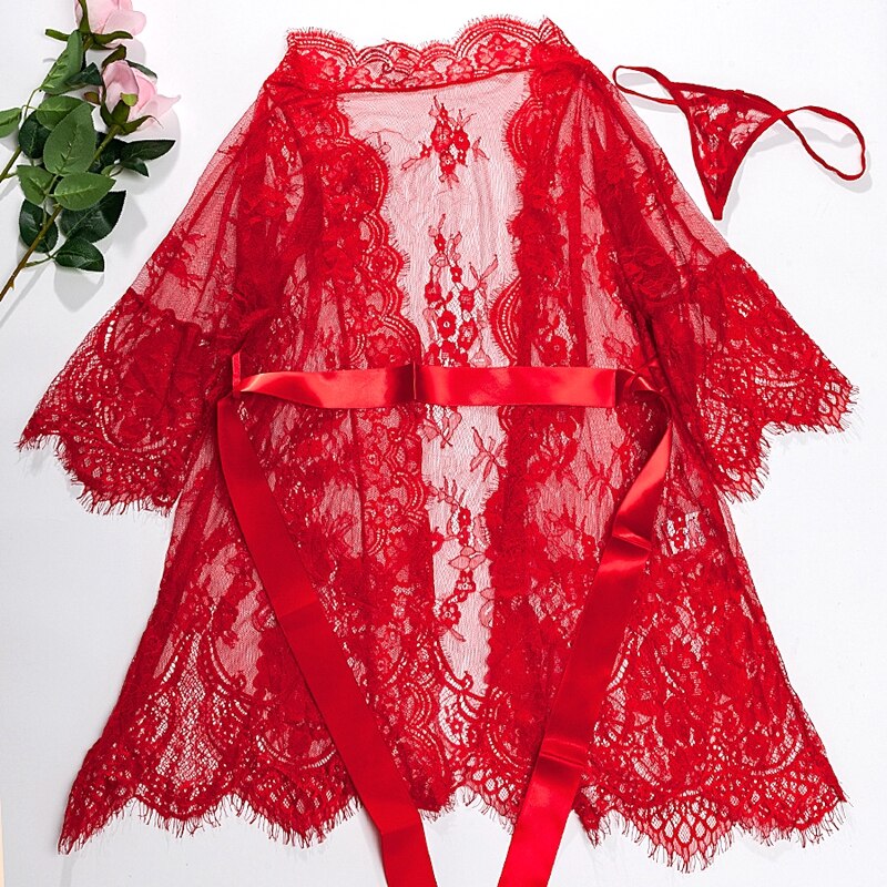 Sexy Women Lingerie Lace Night Dress Sleepwear Nightgown Bandage Deep V G-String See Through Sexy Sheer Sleep Dress