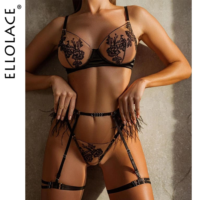 Ellolace Feather Sensual Lingerie Floral Embroidery Underwear Uncensored Sheer Lace Exotic Set Garters Seamless Sissy Outfit