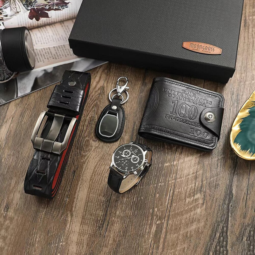 4pcs/set Men&#39;s Combination Of Quartz Watch Black Leather Belt Wallet Keychain Wristwatches For Male Valentine&#39;s Day Present Gift