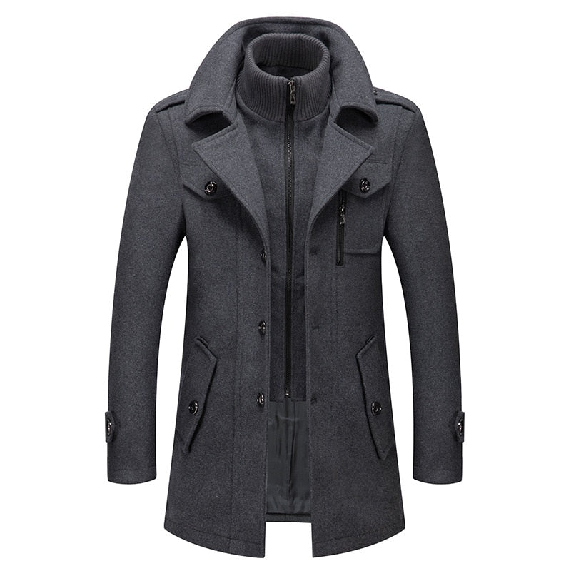 New Winter Mens Wool Blends Coats Solid Color Thick Warm Woolen Overcoat Double Neck Trench Coat Men Single Breasted Windbreaker