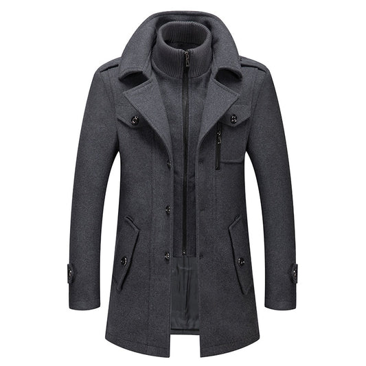 New Winter Mens Wool Blends Coats Solid Color Thick Warm Woolen Overcoat Double Neck Trench Coat Men Single Breasted Windbreaker