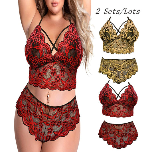 Underwear Set Woman 2 Pieces Erotic Lingerie Suit Embroidery Top Lace Bra Sexy Panties Big Cups Bralette See Through Wire Free