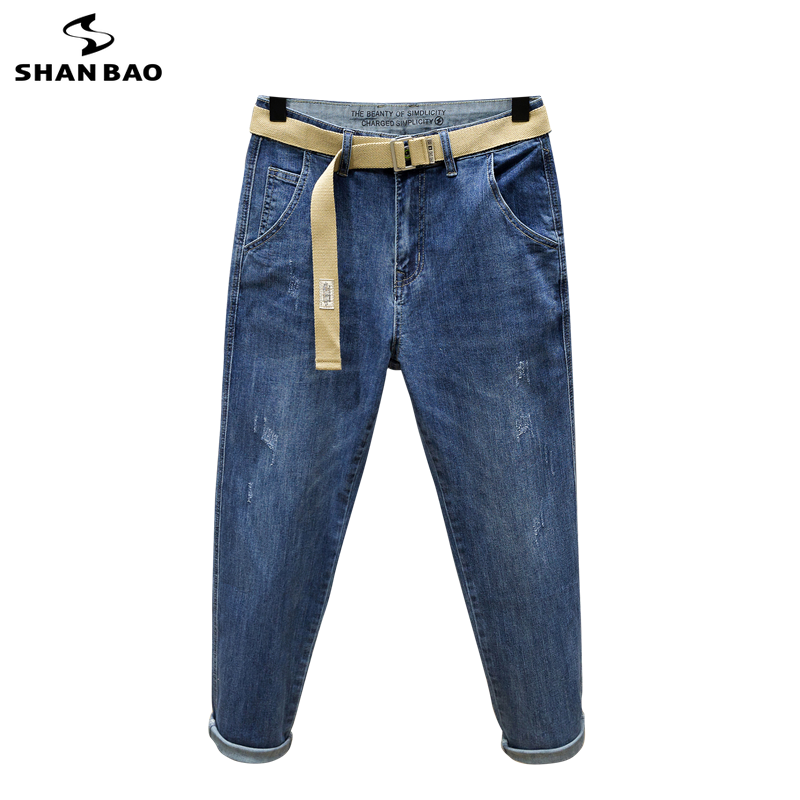 SHAN BAO 42 44 46 48 Plus Size Men&#39;s Lightweight Cotton Stretch Jeans Summer Brand Fashion Loose Men&#39;s Cropped Pants