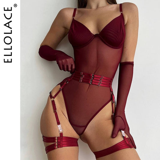 Ellolace Tight Fitting Lace Bodysuit Sexy See Through Body With Gloves Garter Night Club Outfit Sissy Crotchless Mesh Top