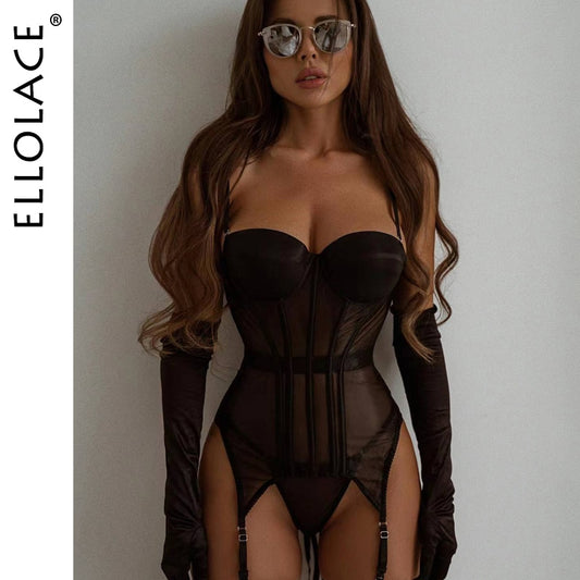 Ellolace Lingerie Corset Outfits 4-Piece Seamless Sexy Porn Underwear Uncensored Sheer Lace Sissy Erotic Set Black Intimate