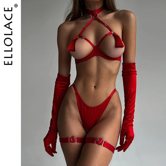 Ellolace Sensual Tassel Fetish Lingerie See Through Open Bra Bilizna Set Hot Sexy Intimate Naked Crotchless Panties Exotic Sets