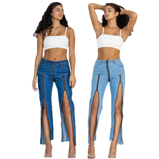 Shascullfites Women Multiple Zippers Jeans Split Straight Jeans Women Club Dancing Pants Denim Pants Slim Fit Zipper Jeans