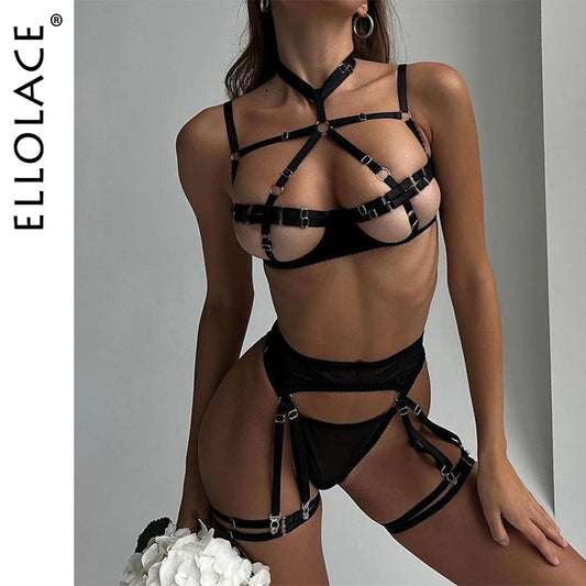 Ellolace Lingerie For Women Fancy Underwear Uncensored Halter Bandage Open Bra Naked Without Censorship Porn Erotic Set 5-Piece