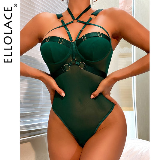 Ellolace Sensual Lingerie Bodysuit Halter Fitness Exotic Costumes See Through Lace Backless Erotic Tights Sexy Thongs Body