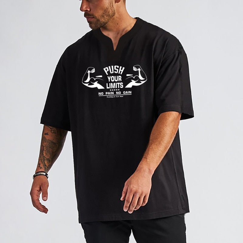 Oversized V-neck Cotton Fitness T Shirt Mens Summer Hip Hop Loose Workout Gym Clothing Half Sleeve T-shirt Bodybuilding Shirt