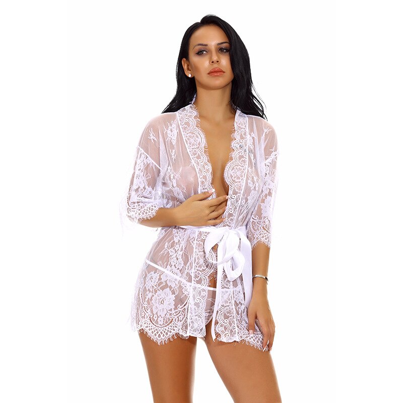 Sexy Women Lingerie Lace Night Dress Sleepwear Nightgown Bandage Deep V G-String See Through Sexy Sheer Sleep Dress