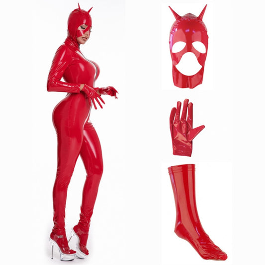 Women Sexy Wetlook Latex Catsuit with Mask PVC Faux Leather Jumpsuit Lady Erotic Costume PU Lingerie Bodysuit Clubwear Plus Size