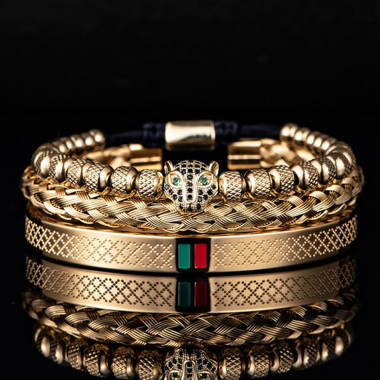 Luxury Handmade Braiding Bracelet  Men Pave CZ Leopard Head Enamel Green Red Bracelet Stainless Steel Jewelry Dropshipping